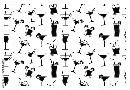 Foto Patrón continuo de copas de cóctel en blanco y negro sobre fondo blanco