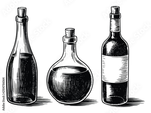 Fotografie Ilustración dibujada a mano de tres botellas de vidrio diferentes con tapones de