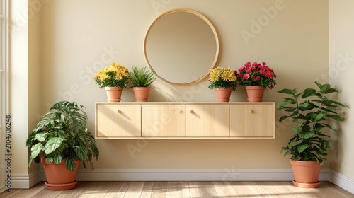 Modern Interior Decor with Wooden Shelves, Colorful Flower Pots, and Green Plants in Bright Room