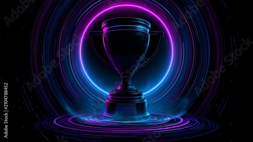 Neon-lit trophy gleams amidst swirling violet and cyan light trails. Dark backdrop amplifies radiant glow.