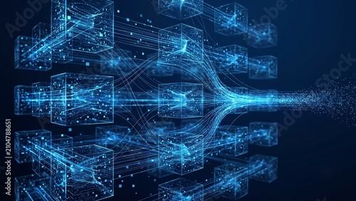 Abstract Data Flow concept with glowing neon pixel on technology blue background. Futuristic tech backdrop. AI innovation and Digital. Big data stream. Vector ai tech 
