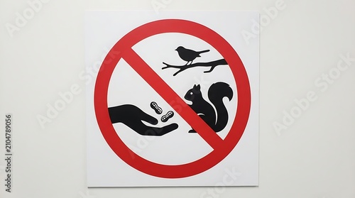 Clear visual communication in a circular prohibition symbol warns against feeding wildlife, specifically birds and squirrels, advising visitors to refrain from offering food to animals in this