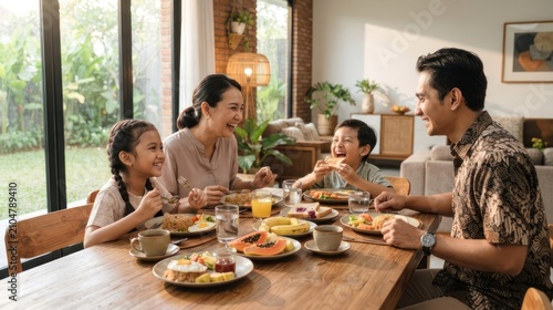 Happy Family Enjoying a Delicious Breakfast Together at a Sunlit Dining Table.