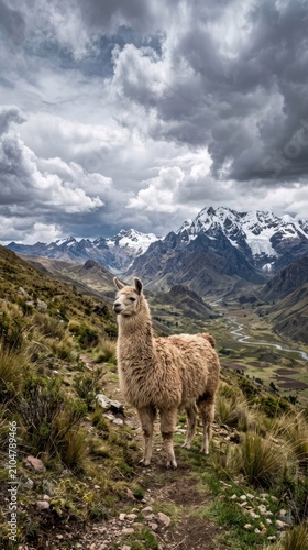Llama standing on a grassy mountain slope with snow-capped Andes mountains in the background under a cloudy sky.