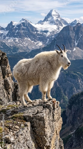 Majestic Mountain Goat Standing Proudly on a Rocky Cliff Edge with Snow-Capped Peaks in the Background.