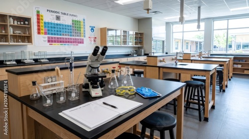 Modern High School Science Laboratory Classroom with Equipment.