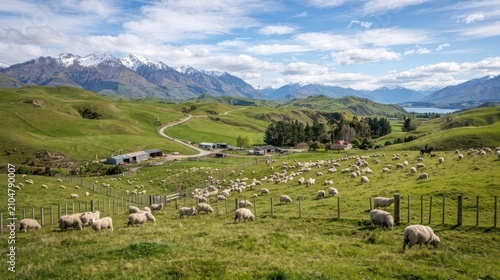 Scenic New Zealand Landscape with Sheep Grazing and Snow-Capped Mountains.