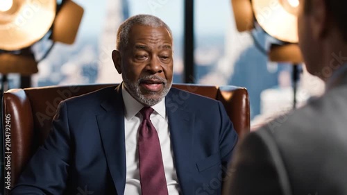 Senior businessman speaks during a professional studio interview
