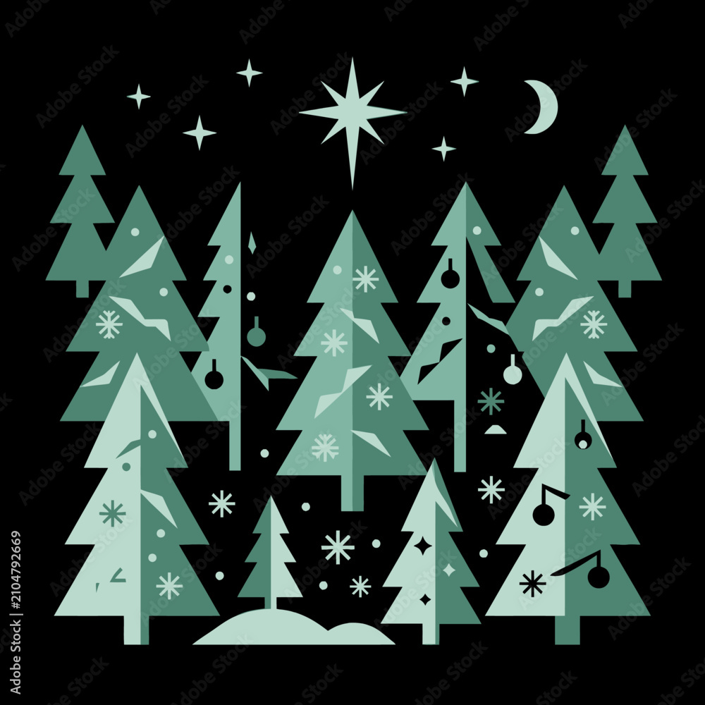 Obraz premium A stylized winter forest scene with a starry night sky and falling snow