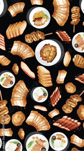 Seamless Vector Pattern of Roasted Duck and Crispy Pork Belly
