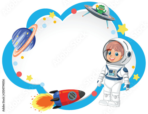 Cartoon Outer Space Border with Astronaut Boy and Rocket Ship