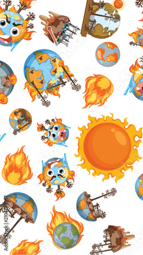 Global Warming Vector Pattern with Burning Earth and Sun Icons