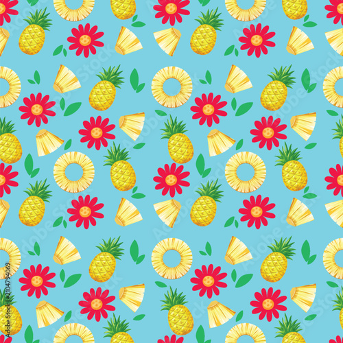 Seamless Tropical Pattern with Pineapples and Red Flowers on Blue