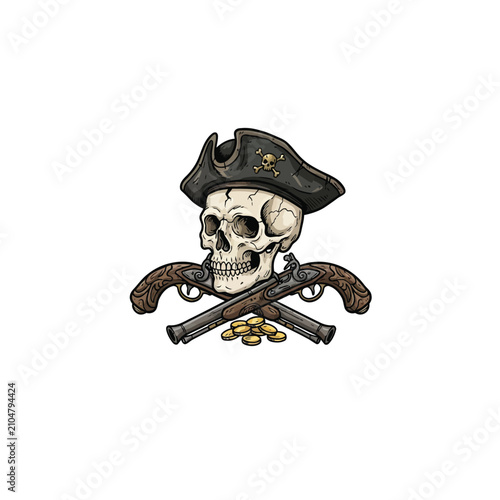 Foto Classic Pirate Skull Adorned With Black Tricorn Hat, Skull And Crossbones Orname