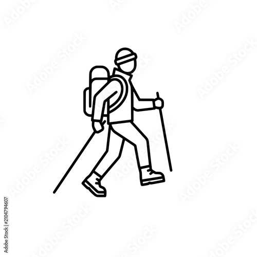 Hiker with Backpack and Poles, Outline Icon, Vector Illustration