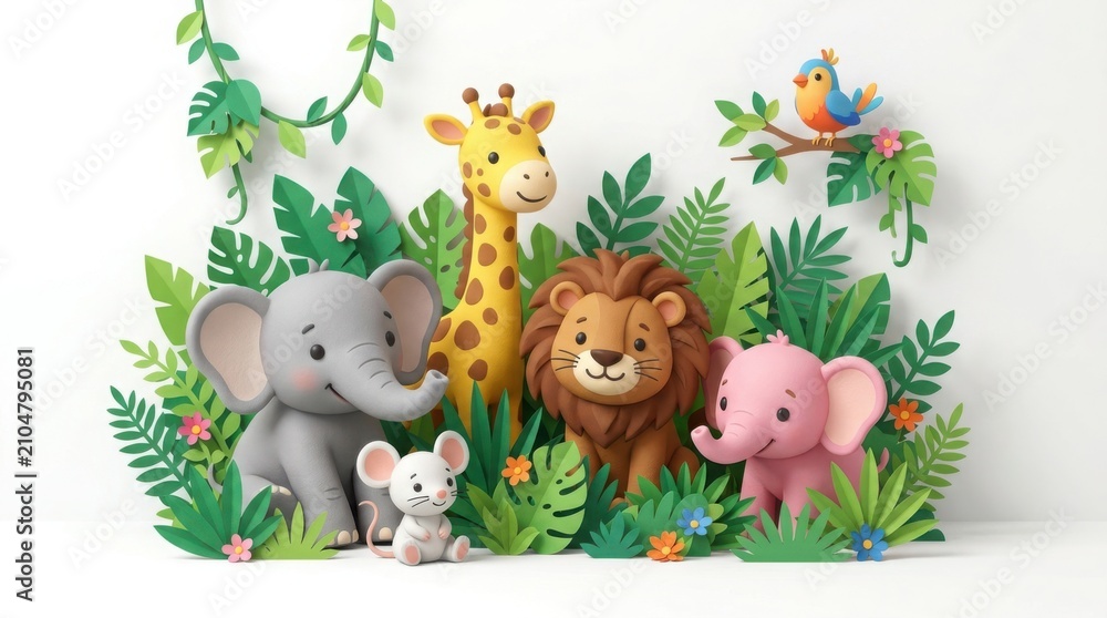 Naklejka premium Safari animals in papercraft style with lush tropical foliage