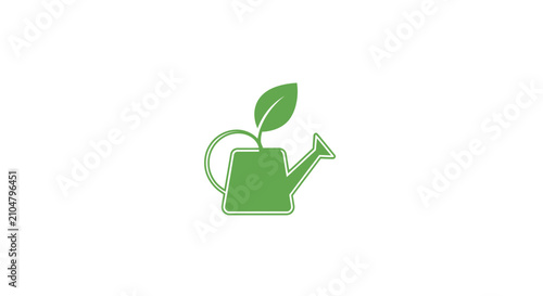 A green watering can with a plant growing out of it on a white background