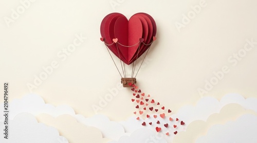 Papercraft heart hot air balloon with falling hearts romantic valentine's day concept