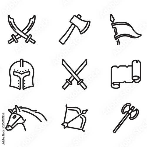 Canvastavla A collection of line icons related to swords, warriors, metal, antiques, and knights; vector illustration