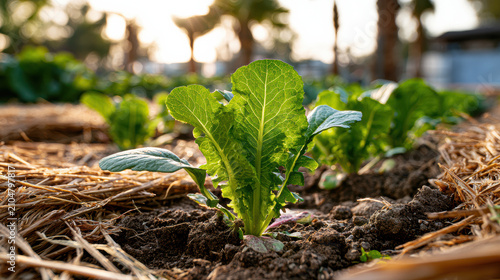 Young leafy green plant growing healthily in soil with natural sunlight in an outdoor garden setting.