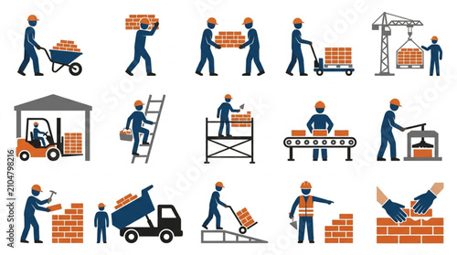Construction workers performing various industrial tasks and activities.