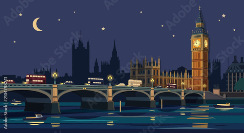 London skyline at night with Big Ben and River Thames