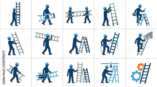 Obraz na płótnie Construction workers using ladders in various poses.