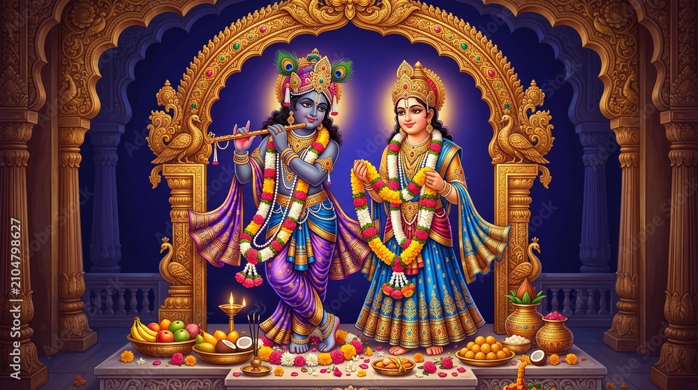 Fototapeta premium Beautiful statues of radha krishna standing under golden archway for krishna janmashtami and radhashtami puja wearing colorful ornate clothing and peacock feathers in hindu temple ... 