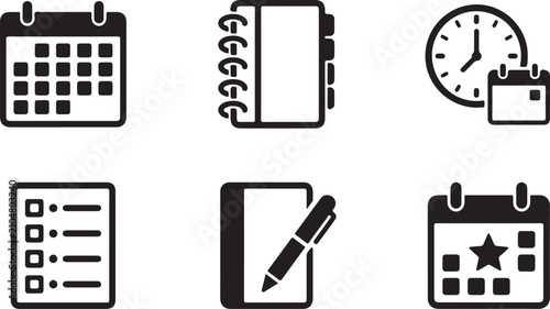 Six black and white flat design productivity icons set Vector