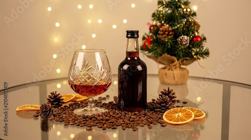 Festive Holiday Drink with Christmas Decorations and Warm Lights