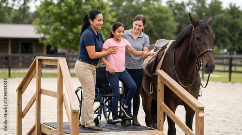 Therapy horse riding lesson for child with disability