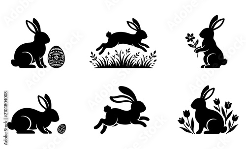 Easter Rabbit Icon Set with Eggs and Grass for Holiday Greeting Design, Graphic Resource