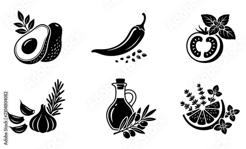 Garlic Icon Set with Avocado Banana Citrus Pepper Spice and Leaf Shapes for Kitchen Food Design