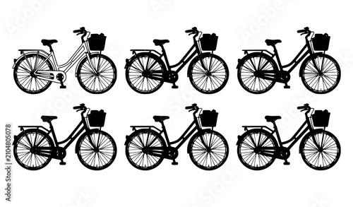 Bild auf Leinwand Colorful Step Through City Bicycle Collection with Wicker Baskets Vector Set