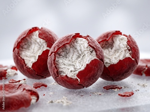 Microscopic view of three damaged red spherical cells revealing their intricate white internal structure on a sterile surface.