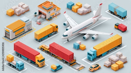 Digital Illustration of Logistics and Transportation Hub Featuring Airplane, Trucks, and Cargo Containers