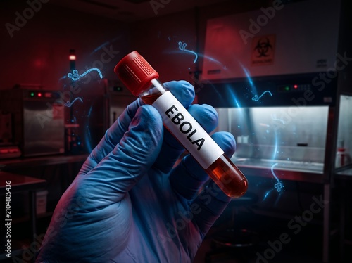 A gloved hand holds a test tube labeled 'EBOLA' containing a blood sample in a dark, illuminated laboratory environment, highlighting viral research.