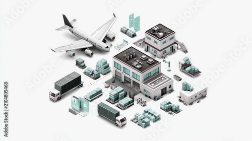 Modern Logistics Hub with Airplane, Trucks, Warehouses, and Packages in a Clean Graphic Design