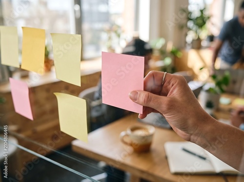 Close-up of a person's hand placing a pink sticky note on a glass board during a brainstorming session in a modern office environment.
