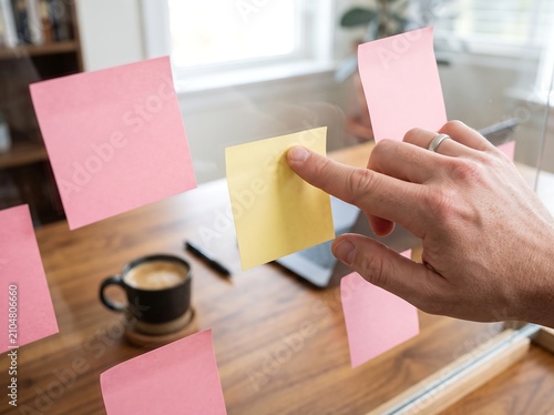 A person's hand points to a yellow sticky note on a transparent board surrounded by pink notes, with a coffee cup and laptop on a wooden desk in the background.