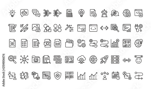 Premium Ultimate AI Vector Icon Set - Monoline Artificial Intelligence Mega Pack, Chatbot, Neural Network, Machine Learning  Generative Prompt Line Art Clipart Bundle