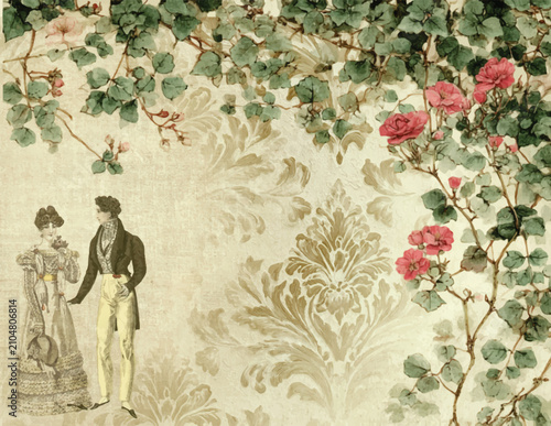 Victorian Couple in Garden with Roses Illustration
