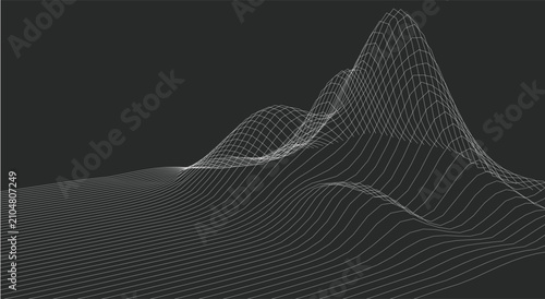 Photos Abstract 3D wireframe terrain illustration with undulating white lines on dark b