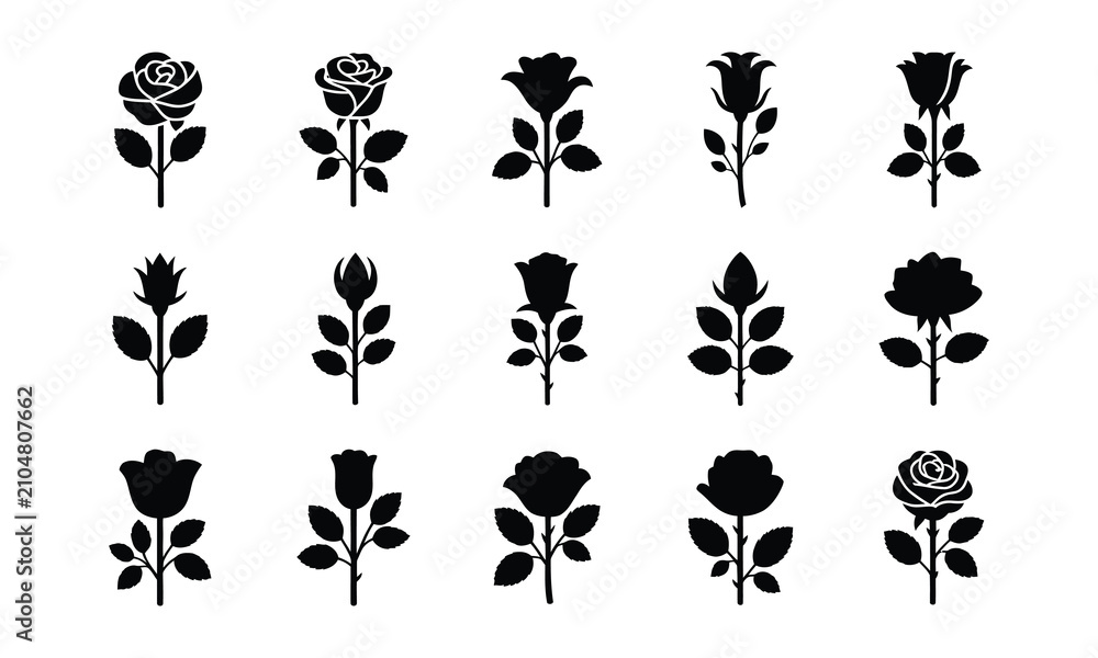 Fototapeta premium Rose vector icon set. black silhouettes of different kinds of roses.