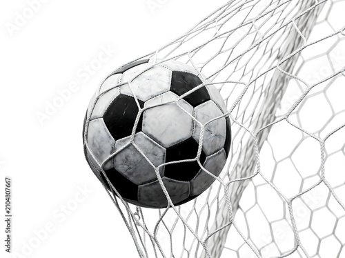 A classic black and white soccer ball is perfectly caught in a white goal net against a clean white background.
