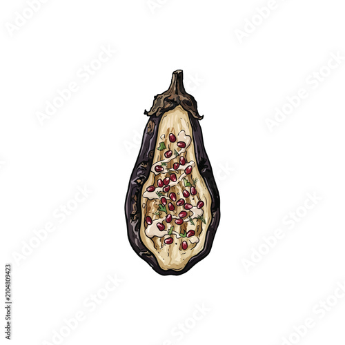 Bild auf Leinwand Artistic Halved Smoked Eggplant With Creamy Interior Filled With Rich Tahini Sau