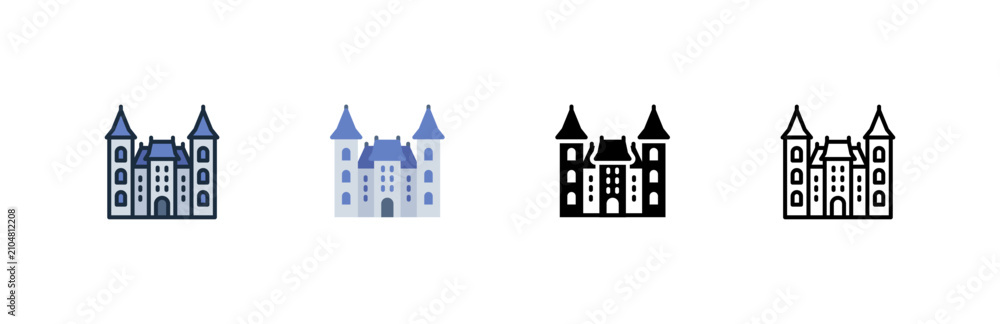Fototapeta premium French chateau icon. Castle towers building. Landmark architecture and history. Travel culture and heritage.