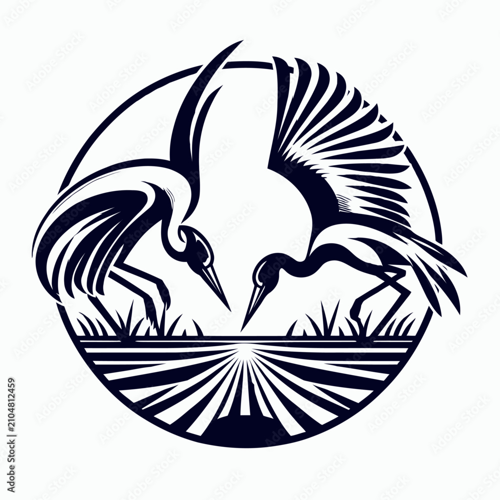 Obraz premium Art Deco and Art Nouveau Graphic Illustration of Two Cranes in a Marshland with Radiating Sun Rays, Black and White Circular Logo Design with Ornate Bird Motifs