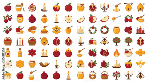 Fotografi Collection of Rosh Hashanah Symbols and Icons for Jewish New Year Celebration