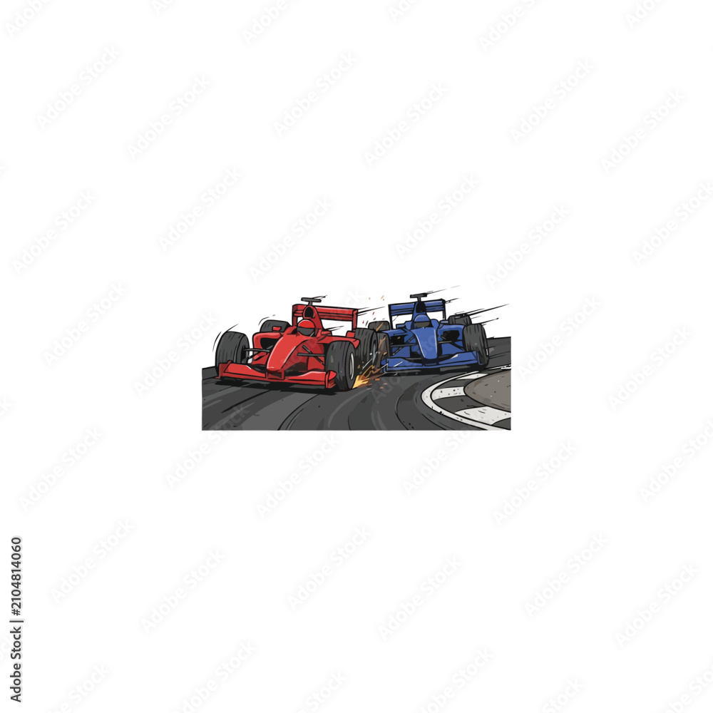 Obraz premium Two Formula One Cars Racing Tightly On A Circuit With Sparks Flying, Depicting High-Speed Competitive Action, Vector Illustration